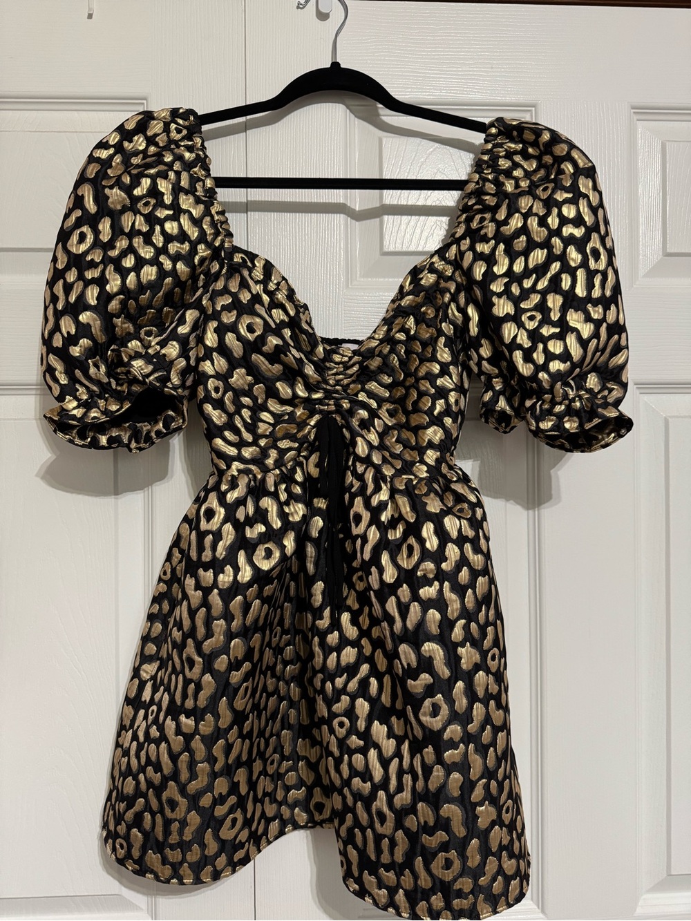 Buddy Love Black and Gold Leopard-Print Puff Sleeve Mini Dress